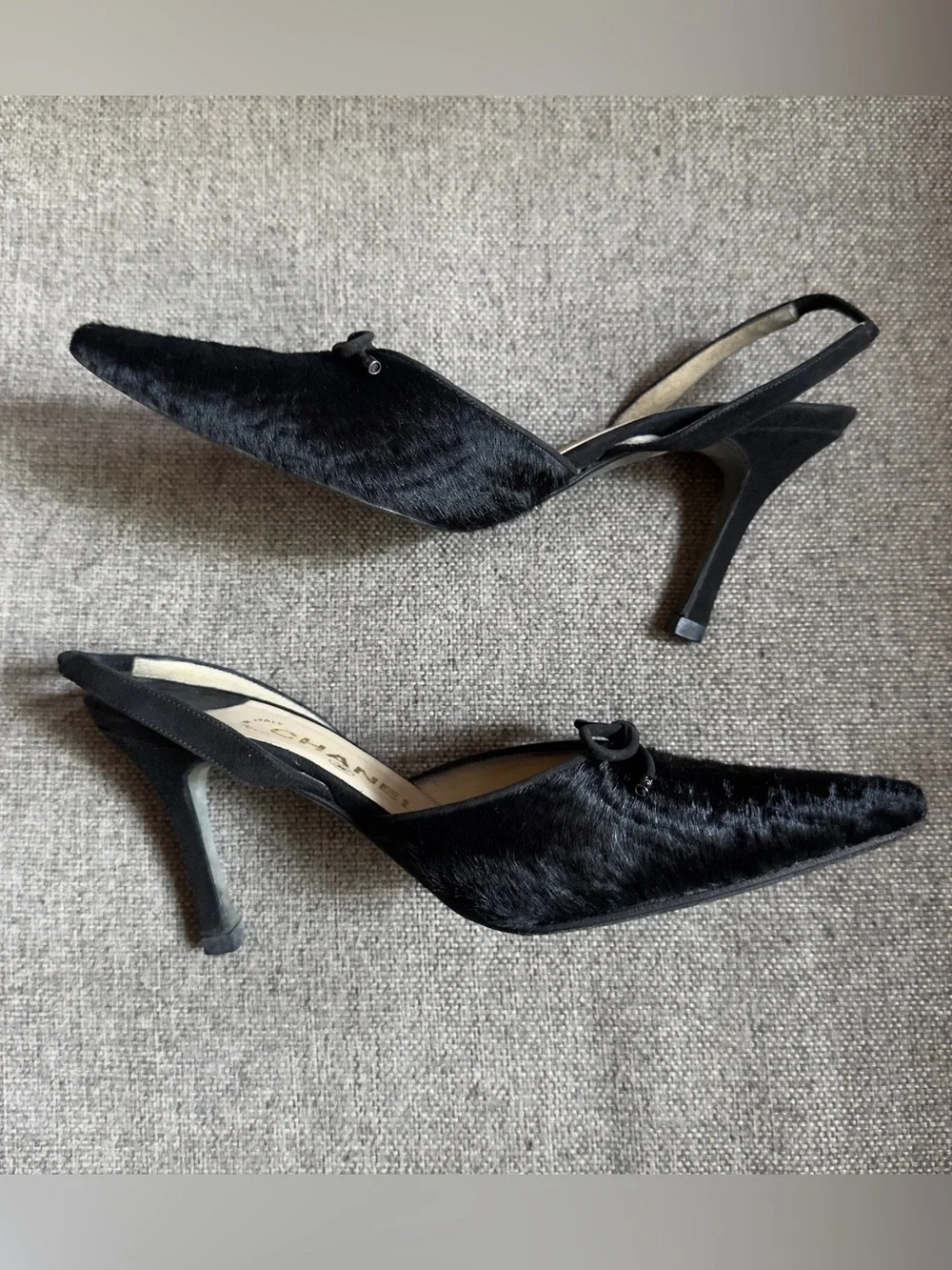 Vintage Chanel black pony hair slingback heels